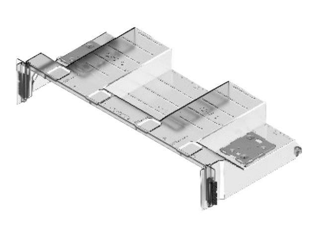 Isometrisches Diagramm eines modularen Förder- oder Fließbandsystems mit verbundenen Plattformen und Stützpfosten.