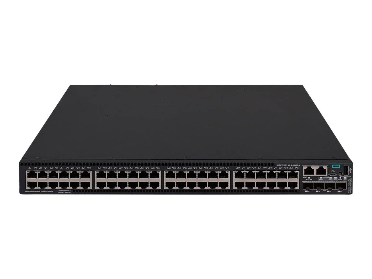 Vorderansicht eines in einem Rack montierten Netzwerk-Switches mit mehreren Ethernet-Ports und Statusanzeigen auf weißem Hintergrund.