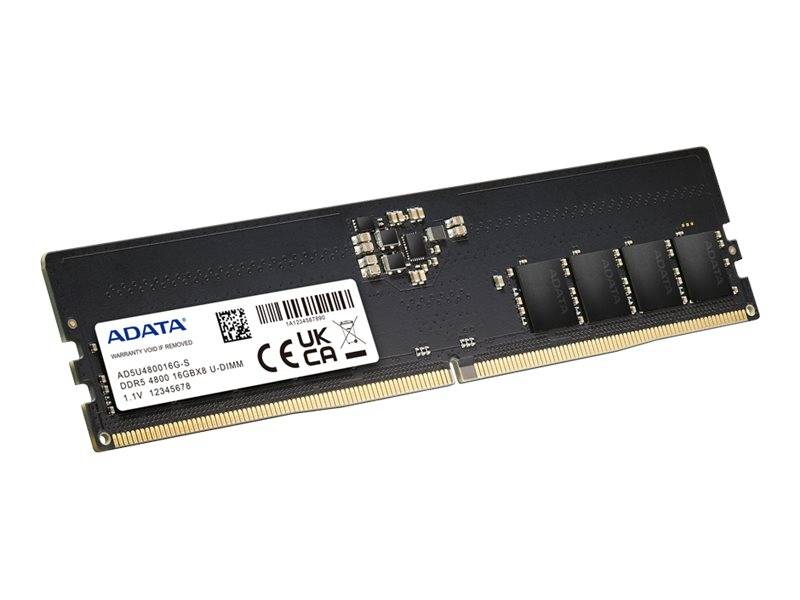 Schwarzes ADATA-Computerarbeitsspeichermodul (DDR5 SO-DIMM RAM) auf weißem Hintergrund mit Produktetikett und goldfarbenen Steckerkontakten.