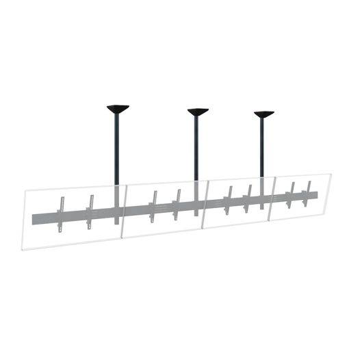 Deckenmonierte lineare Leuchte mit drei Downlight-Pfosten und einem langen transluzenten Panel.