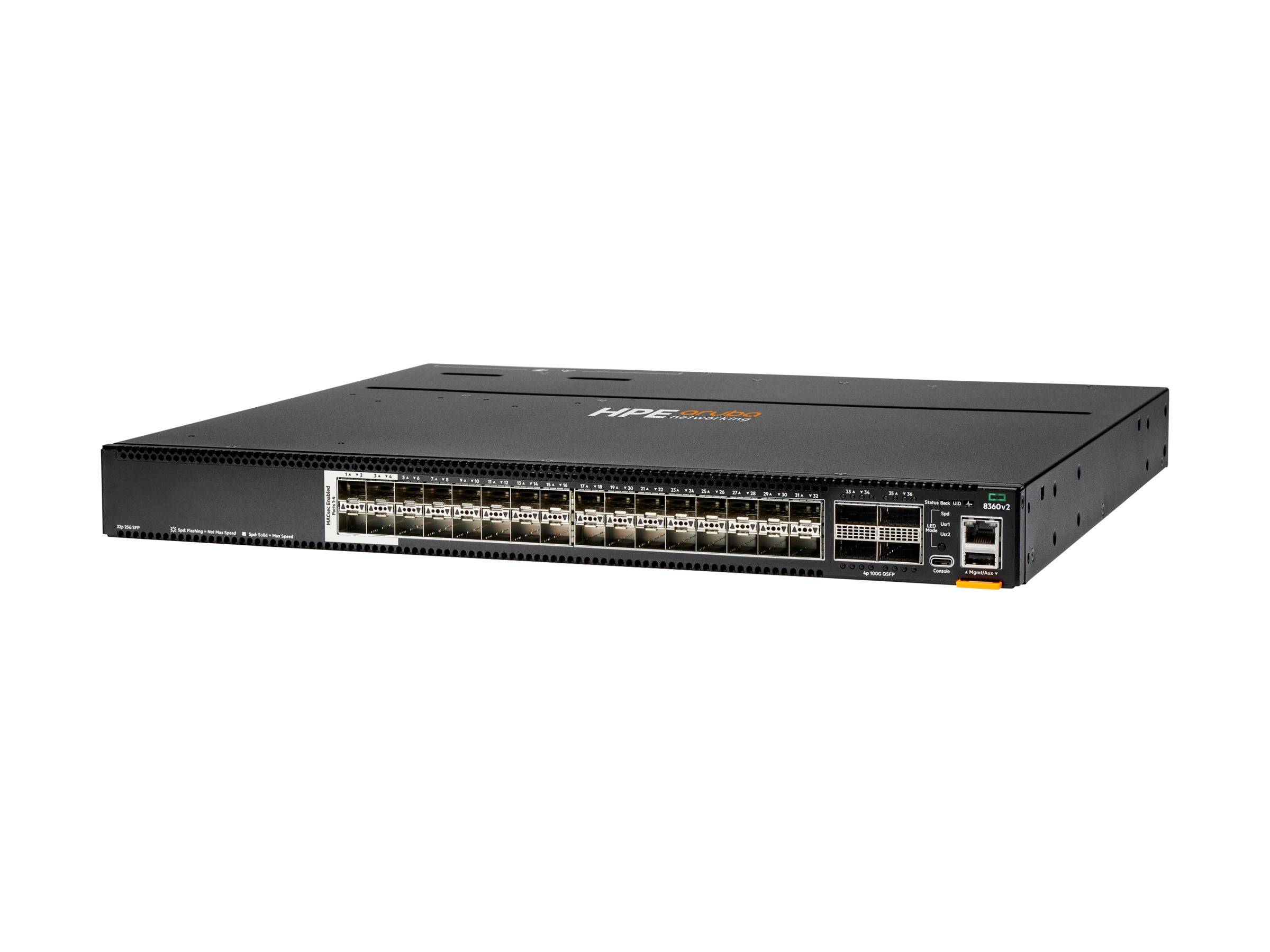 Vorderansicht eines schwarzen Netzwerk-Switches für die Rackbefestigung mit vielen Ethernet-Ports und einigen Uplink-Ports auf der rechten Seite, dargestellt auf weißem Hintergrund.
