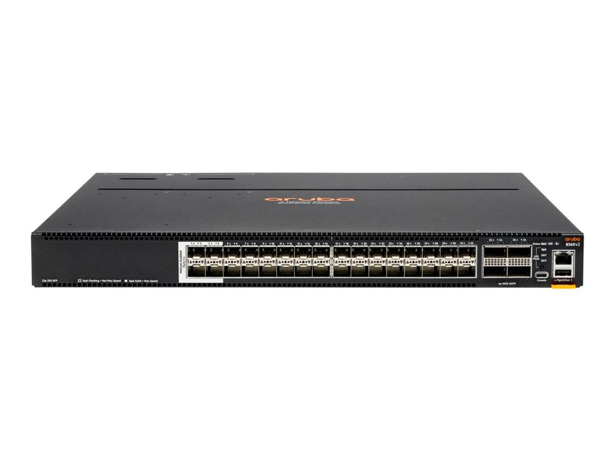 Vorderansicht eines Rack-Mount-Netzwerk-Switches mit Reihen von Ethernet-Anschlüssen und Uplink-Anschlüssen, auf weißem Hintergrund dargestellt.
