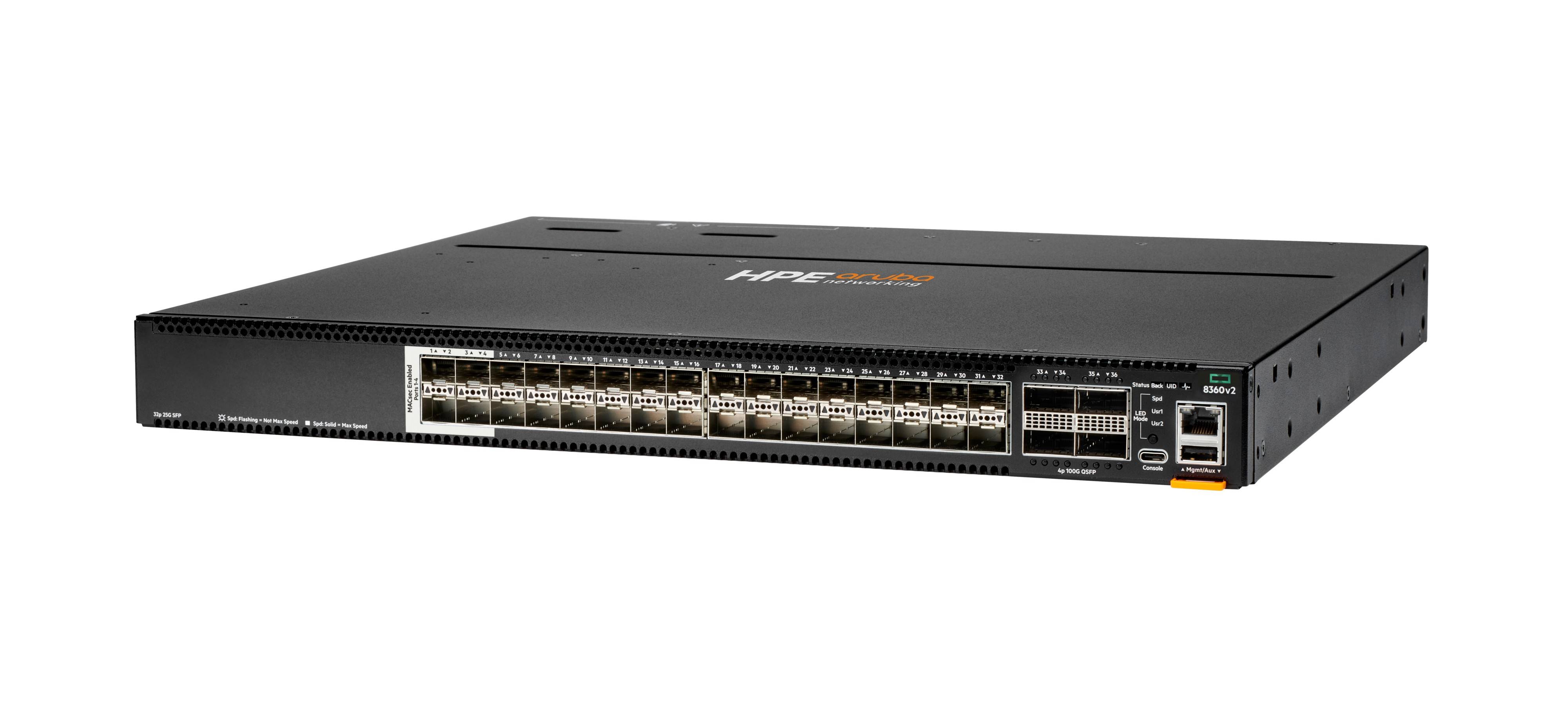 Vorderansicht eines Netzwerk-Switches mit vielen Ethernet-Anschlüssen und Statusleuchten, dargestellt in einem schwarzen Rack-Mount-Gehäuse auf weißem Hintergrund.