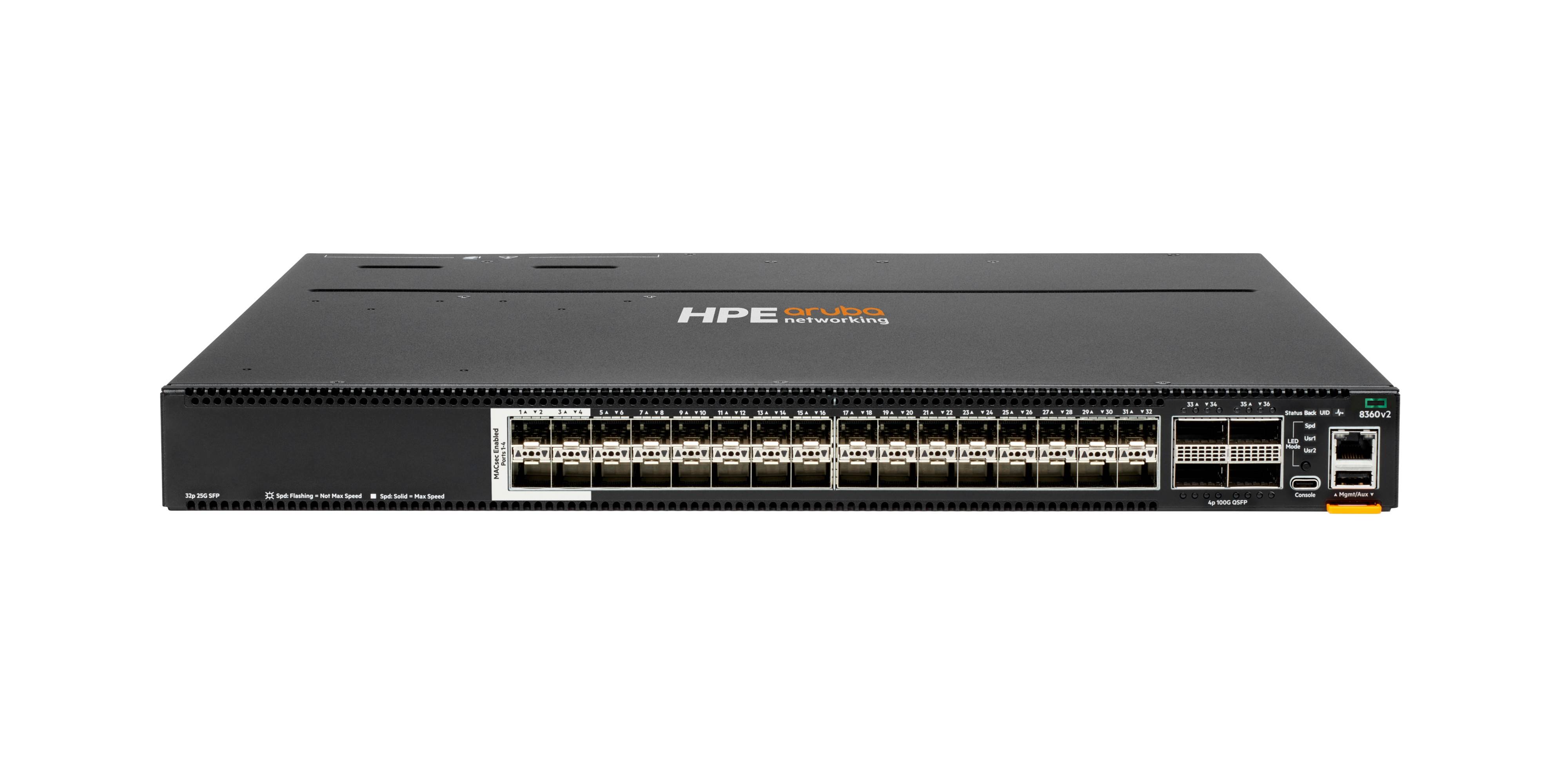 Vorderansicht eines HPE-Netzwerk-Switches mit mehreren Ethernet-Anschlüssen und einigen Uplink-/Management-Ports auf der rechten Seite.