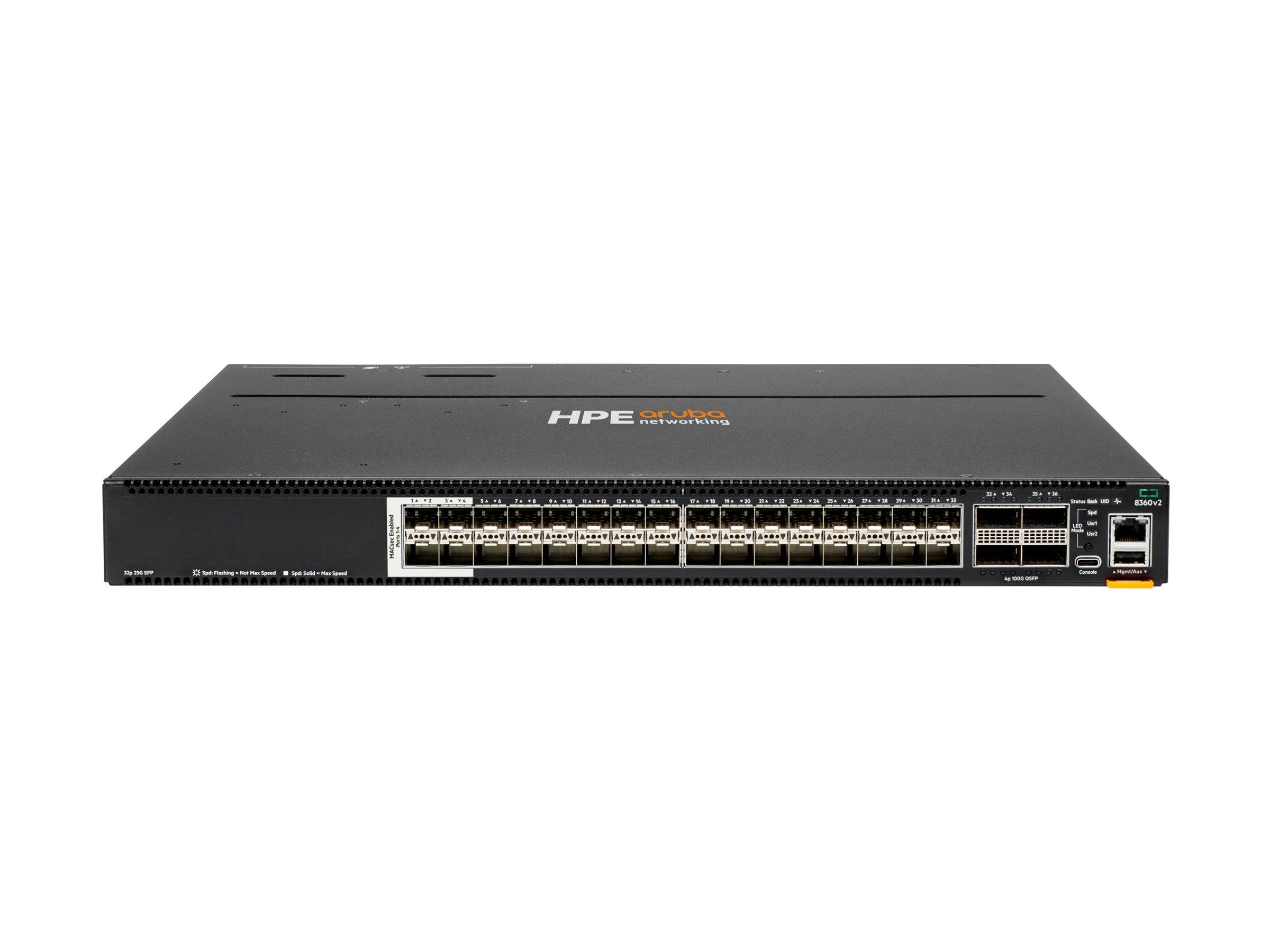 Vorderansicht eines HPE-Netzwerk-Switches mit vielen Ethernet-Anschlüssen und zwei gestapelten Uplink-Anschlüssen auf der rechten Seite, dargestellt auf weißem Hintergrund.