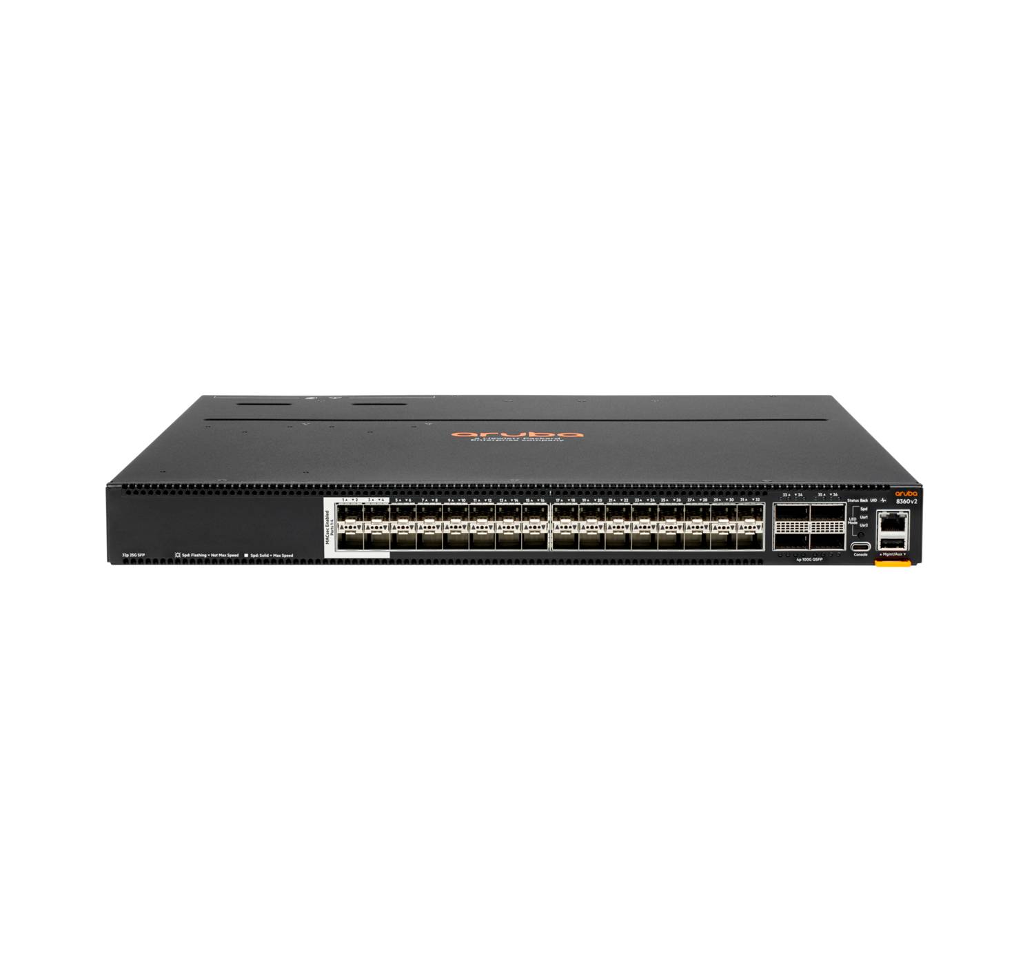 Vorderansicht eines schwarzen Netzwerk-Switches mit vielen Ethernet-Anschlüssen und einem kleinen Verwaltungsfeld auf der rechten Seite, dargestellt auf weißem Hintergrund.