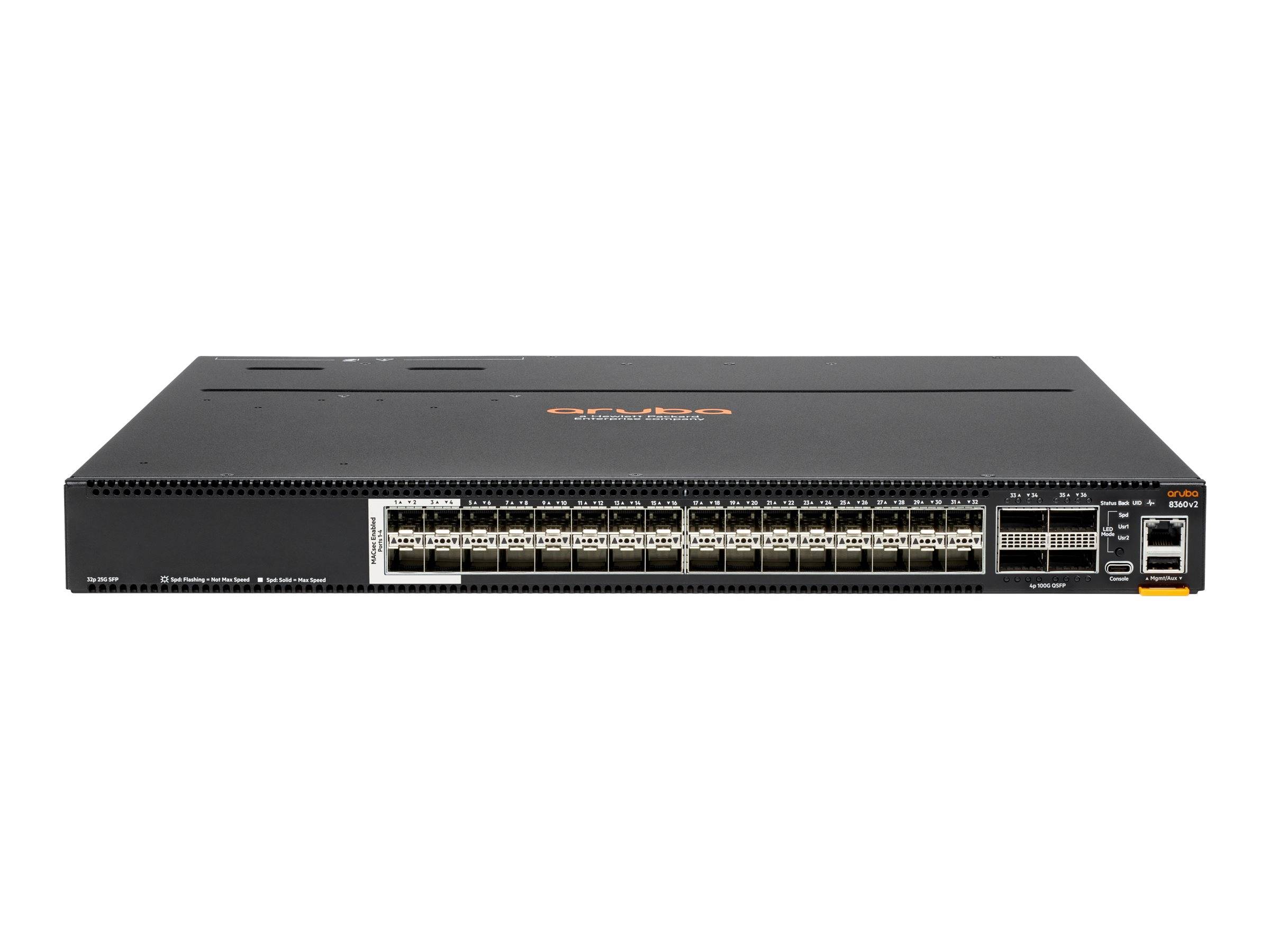 Frontansicht eines Netzwerk-Switches mit mehreren Ethernet-Anschlüssen und Uplink-Steckplätzen auf einem schwarzen Rack-Mount-Gehäuse.