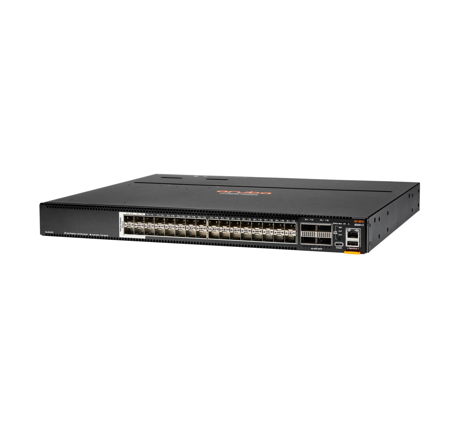 Vorderansicht eines Rack-Mount-Netzwerk-Switches mit vielen Ethernet-Anschlüssen und einigen Uplink-Anschlüssen auf der rechten Seite, dargestellt auf weißem Hintergrund.