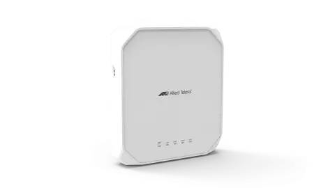 Weiß Wandmontiertes Allied Telesis Netzwerkgerät oder Access Point mit Statusanzeigen an der Vorderseite.