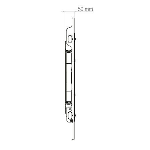 Technischer Querschnitt einer 50 mm breiten vertikalen mechanischen Komponente mit Darstellung ihrer inneren Struktur und des Montageprofils.