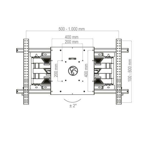 Technisches Diagramm einer wandmontierten Halterungsbaugruppe mit einstellbarer Breite 500–1000 mm und Höhe 100–600 mm; die Mittelbefestigungsplatte ist 400 x 400 mm mit ±2° Neigung.