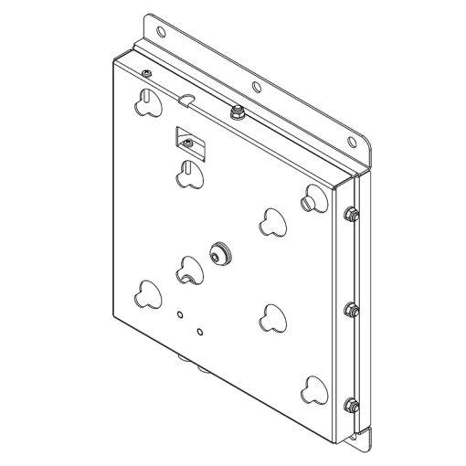 Technische Linienzeichnung einer montierten Metallplatte oder eines Halters mit mehreren schlüssellochförmigen Ausschnitten, Schraubenlöchern und seitlichen Befestigungselementen.