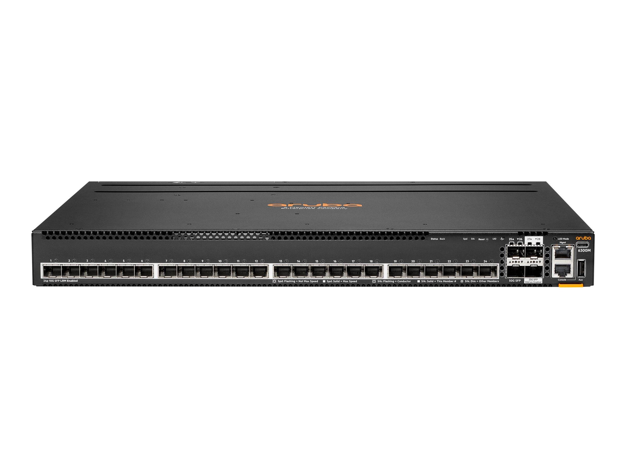 HPE Aruba 6300M 24p SFP+ LRM support and 2p 50G and 2p 25G MACsec Switch - Switch - L3 - managed - 24 x 1 Gigabit / 10 Gigabit SFP+ + 2 x 1 Gigabit