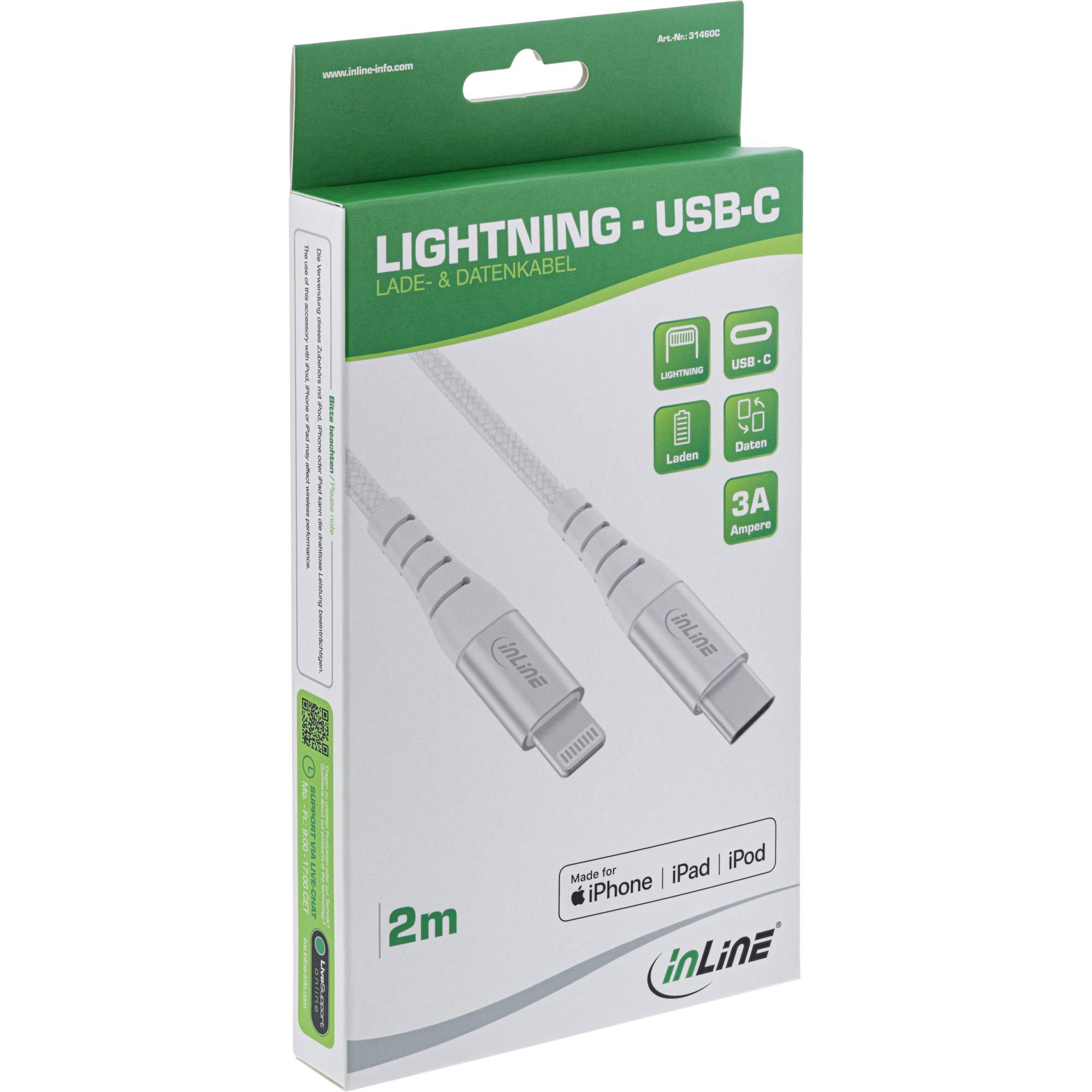 INLINE - USB-C Lightning Kabel - für iPad - iPhone - iPod - silber/Alu - 2m MFi