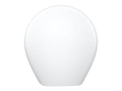 Weiße Toilettensitzdeckel gezeigt geschlossen auf einem schlichten Hintergrund.