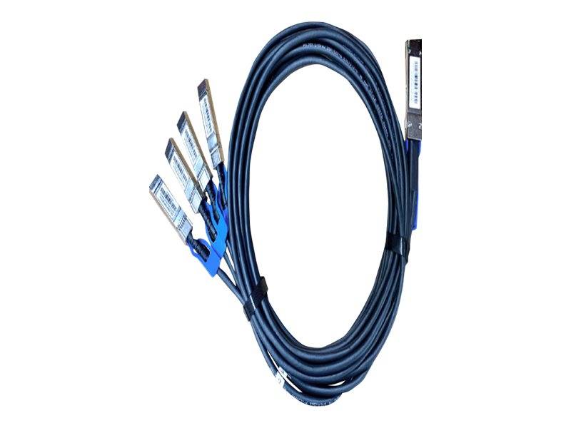 Aufgerolltes blaues Breakout-Kabel mit sechs beschrifteten Steckverbindern, die sich von einem Ende aus fächerförmig ausbreiten, freigestellt auf weißem Hintergrund.