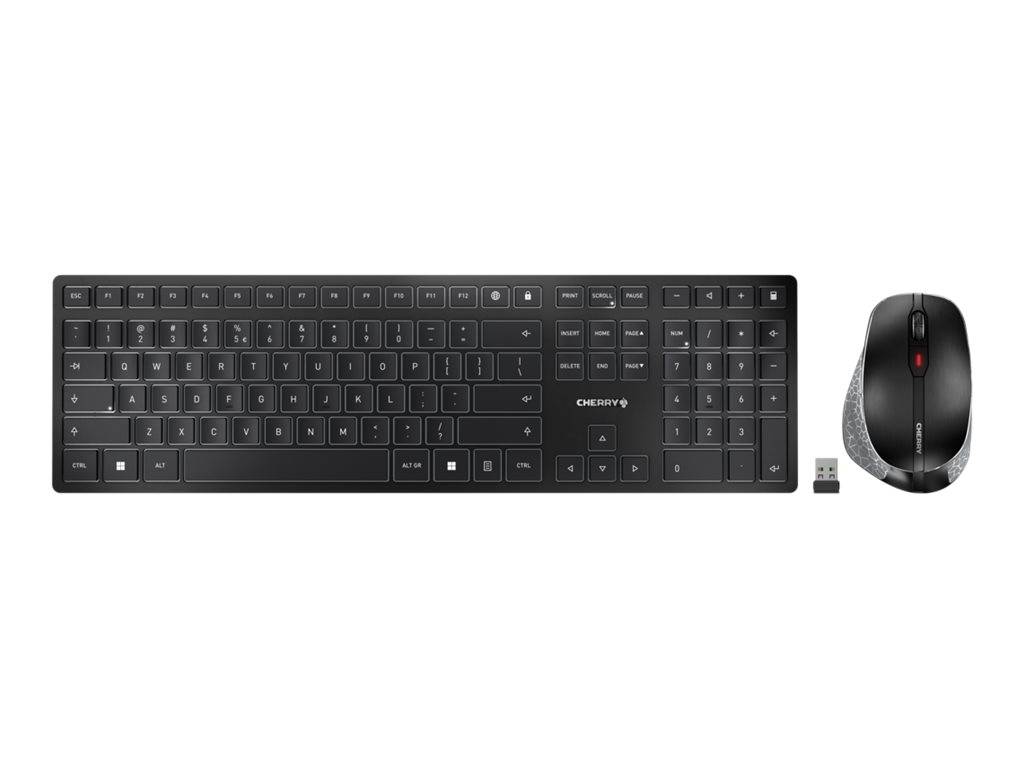 Kabelloses Tastatur- und Mausset mit schwarzer Volltastatur, Maus und USB-Empfänger auf weißem Hintergrund.