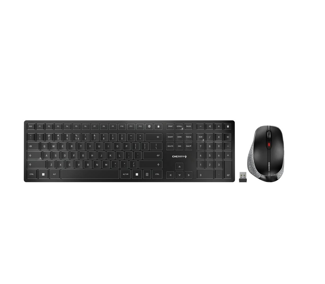 Kabelloses Tastatur- und Maus-Set mit USB-Empfänger, auf weißem Hintergrund dargestellt.