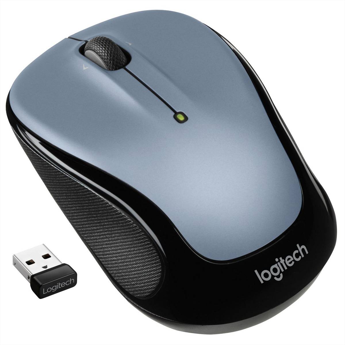 Kabellose Logitech-Computermaus mit USB-Empfänger-Dongle daneben abgebildet