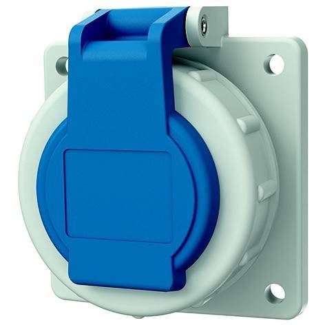 Blaue Industrie-Steckdose mit Schutzkappe auf einer grauen Montageplatte.