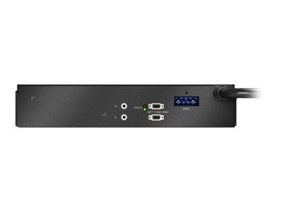 Schwarze elektronische Steuereinheit mit zwei kreisförmigen Anschlüssen, Statusleuchten, kleinem Display und angeschlossenem Kabel auf der rechten Seite.