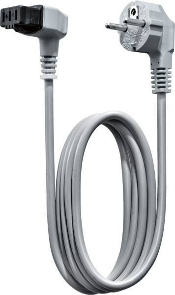 Aufgerolltes graues Stromkabel mit einem Winkelstecker und einem europäischen zweipoligen Wandstecker.