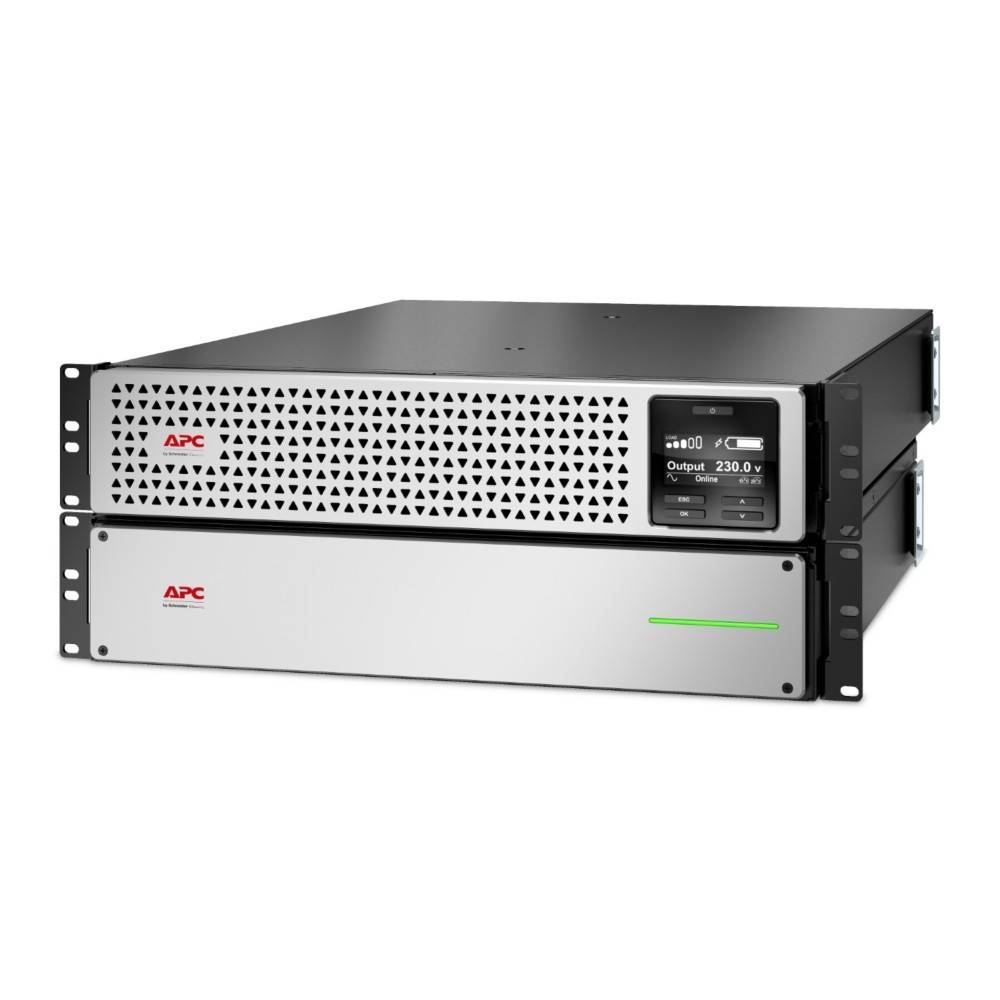 Ein APC-unterbrechungsfreier Stromversorgung (USV) für Serverracks, mit einem Anzeigedisplay, das eine Ausgabe von 230 Volt zeigt.