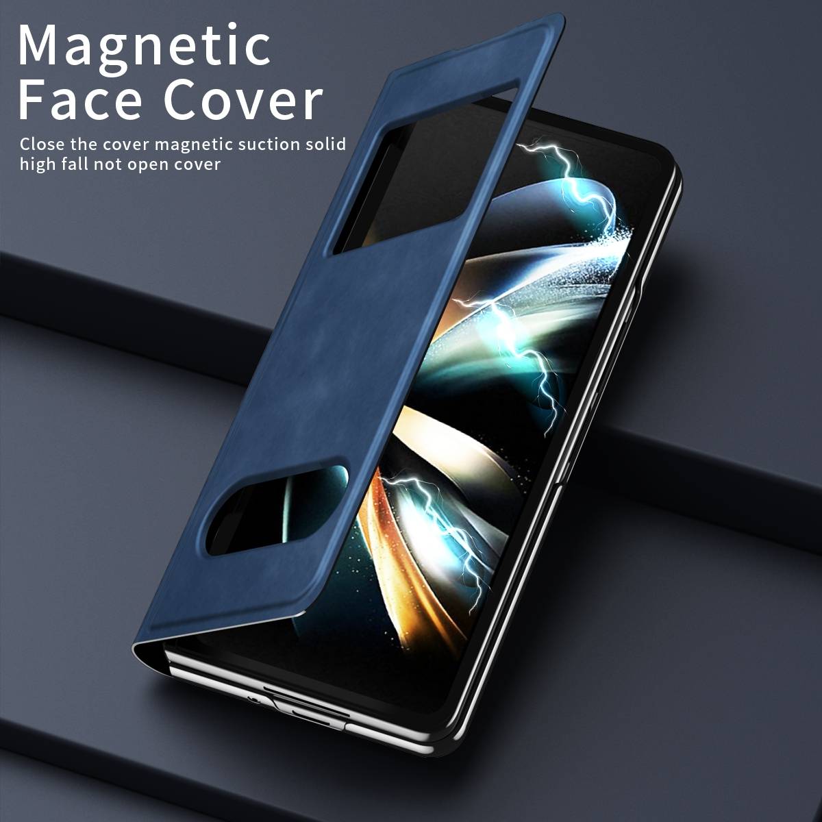 Für Samsung Galaxy Z Fold4 5G Window View Flip Cover Kunstleder Handy Tasche Hülle Etuis D-Blau