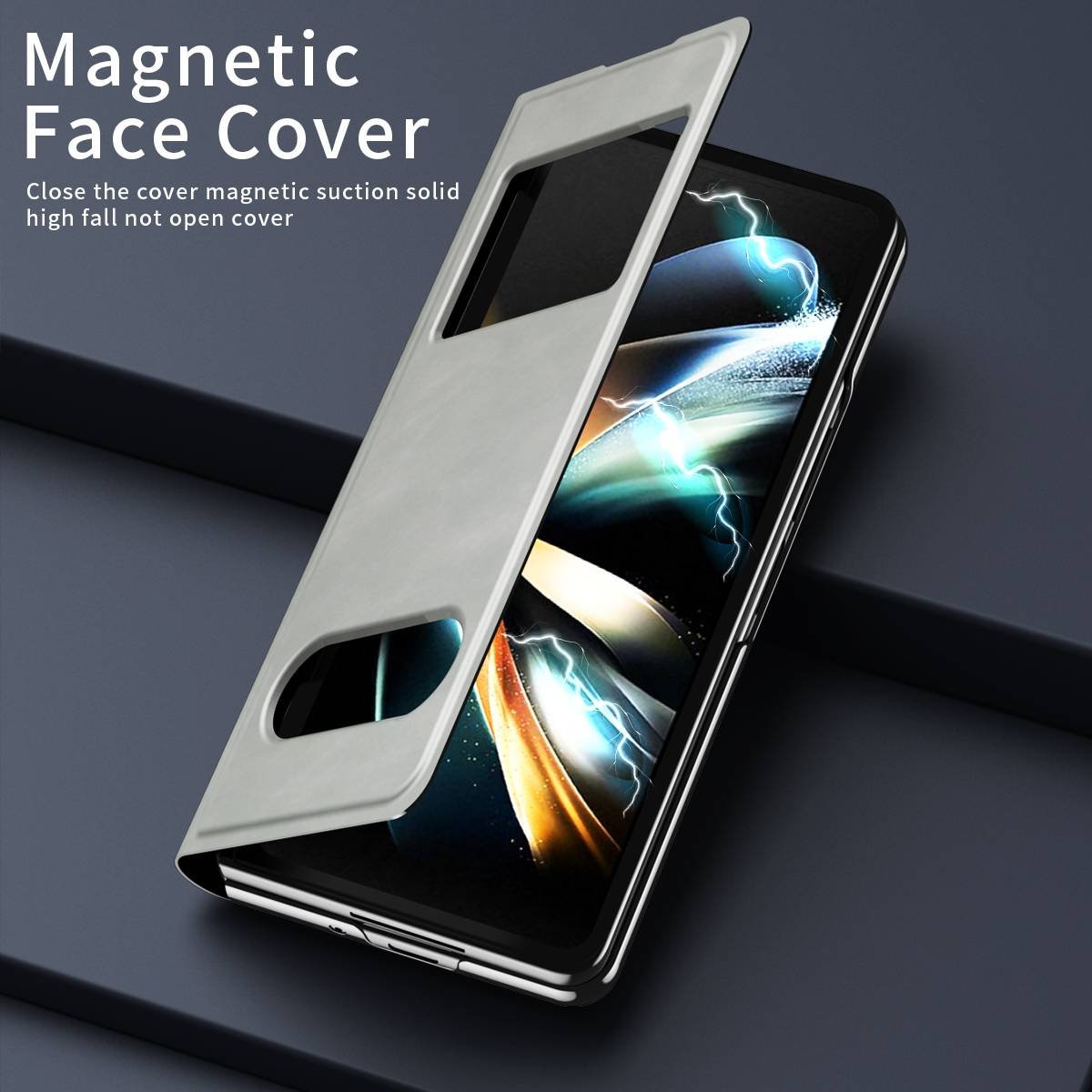 Für Samsung Galaxy Z Fold4 5G Window View Flip Cover Kunstleder Handy Tasche Hülle Etuis Grau