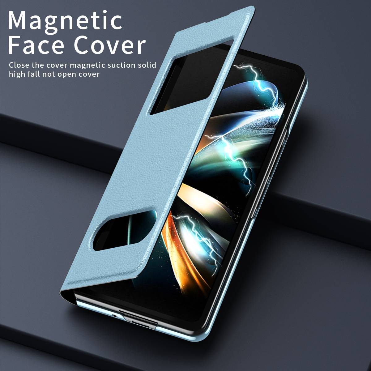 Für Samsung Galaxy Z Fold4 5G Window View Flip Cover Kunstleder Handy Tasche Hülle Etuis H-Blau