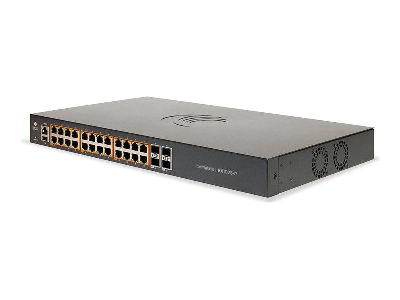 Rack-montierter Netzwerk-Switch mit 24 Ethernet-Anschlüssen und zwei Uplink-Ports, gezeigt vor weißem Hintergrund.