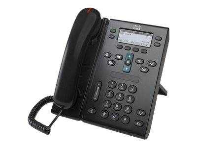 Schwarzes Cisco-Schreibtischtelefon mit Hörer, Tastatur und kleinem Anzeigebildschirm auf weißem Hintergrund.