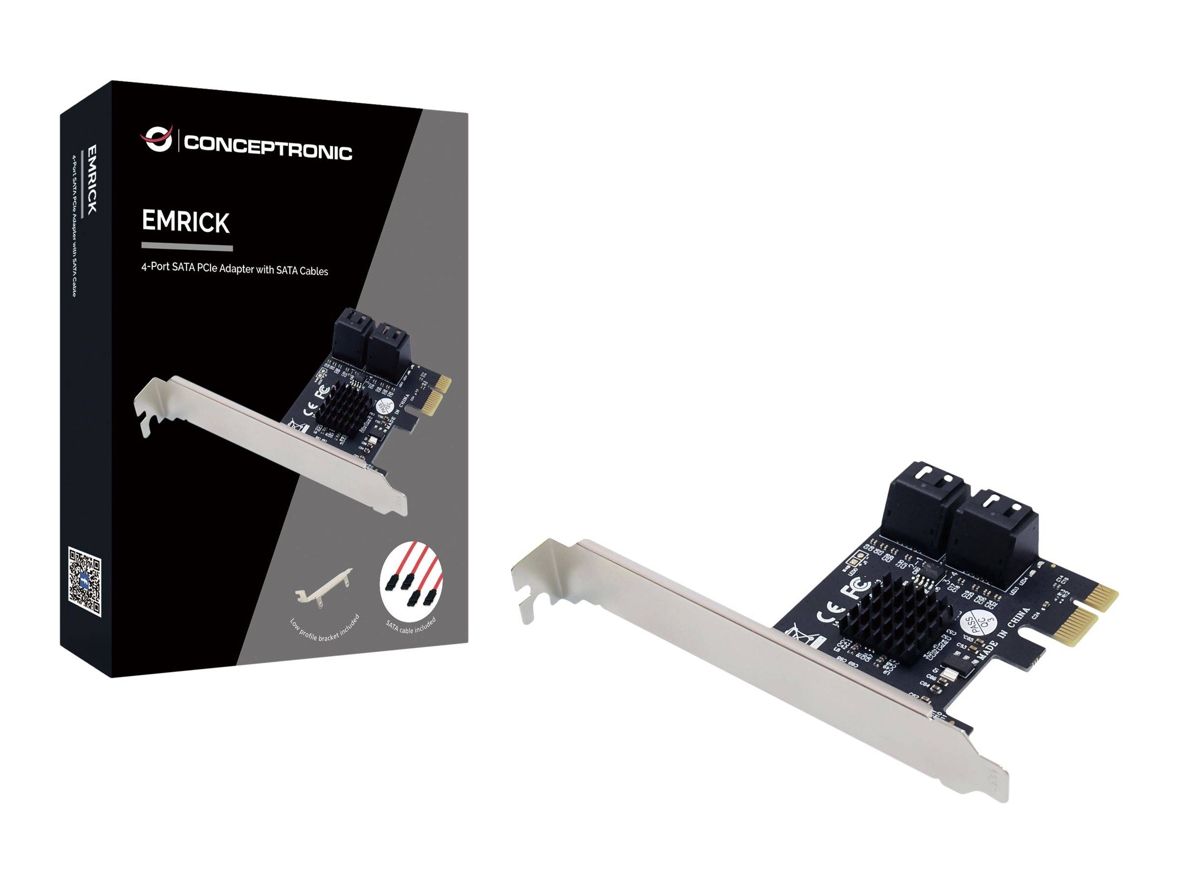 Concepttronic EMRICK PCIe SATA Adapter-Karte mit vier SATA-Steckverbindern, abgebildet neben ihrer Produktverpackung.