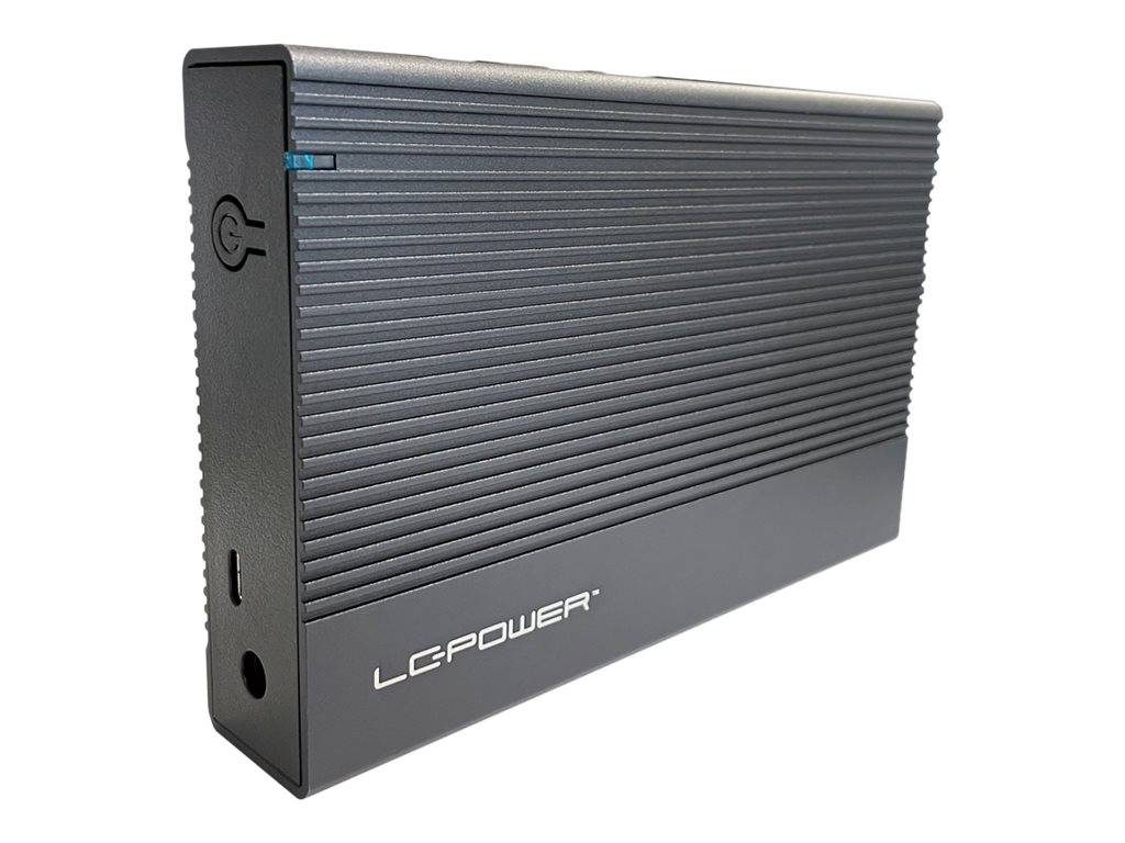 Schwarze LC-Power externe Festplattengehäuse mit geripptem Metallgehäuse und Logo auf der Vorderseite.