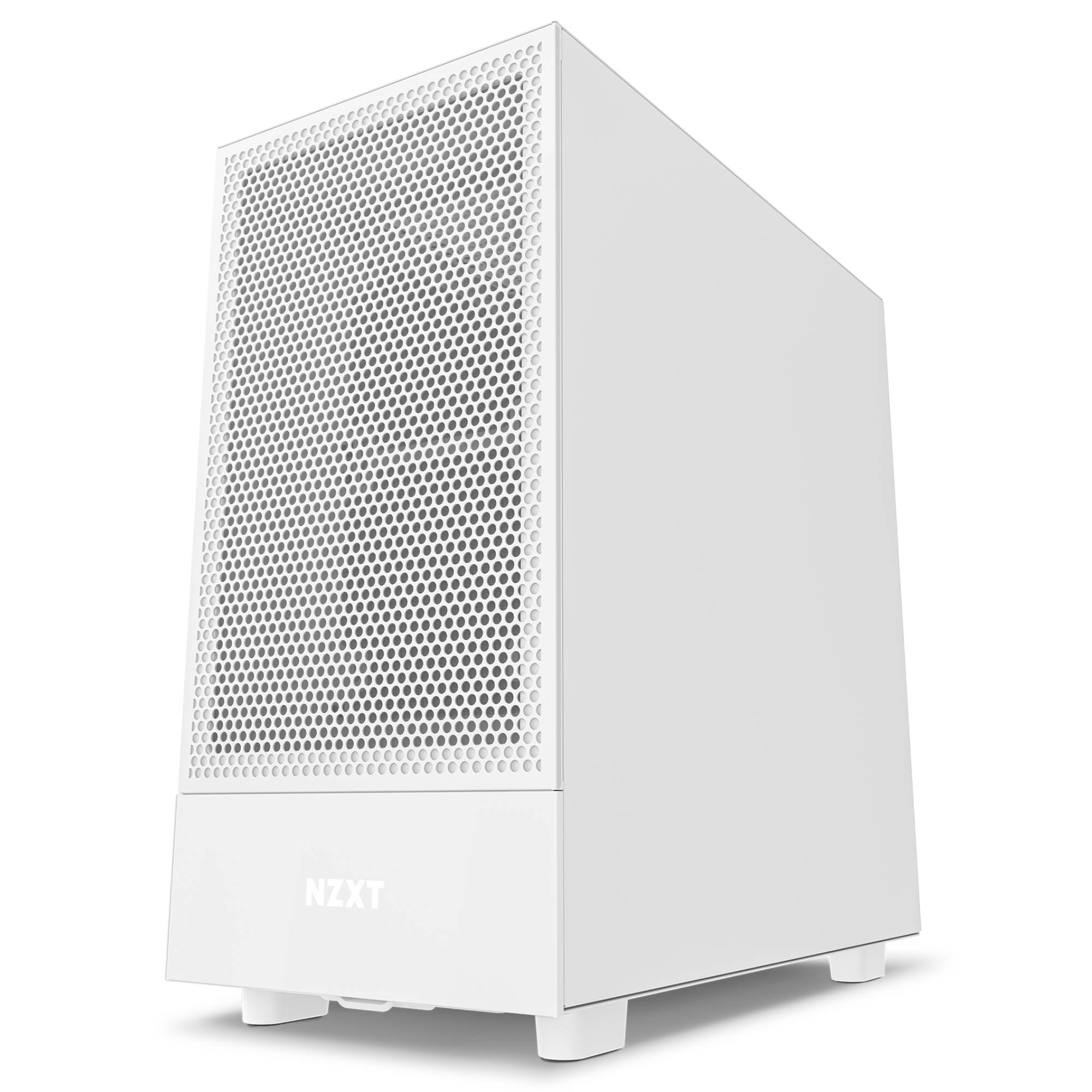 Weißes NZXT-Computergehäuse mit perforiertem Frontpanel und minimalistischem rechteckigem Design auf weißem Hintergrund.