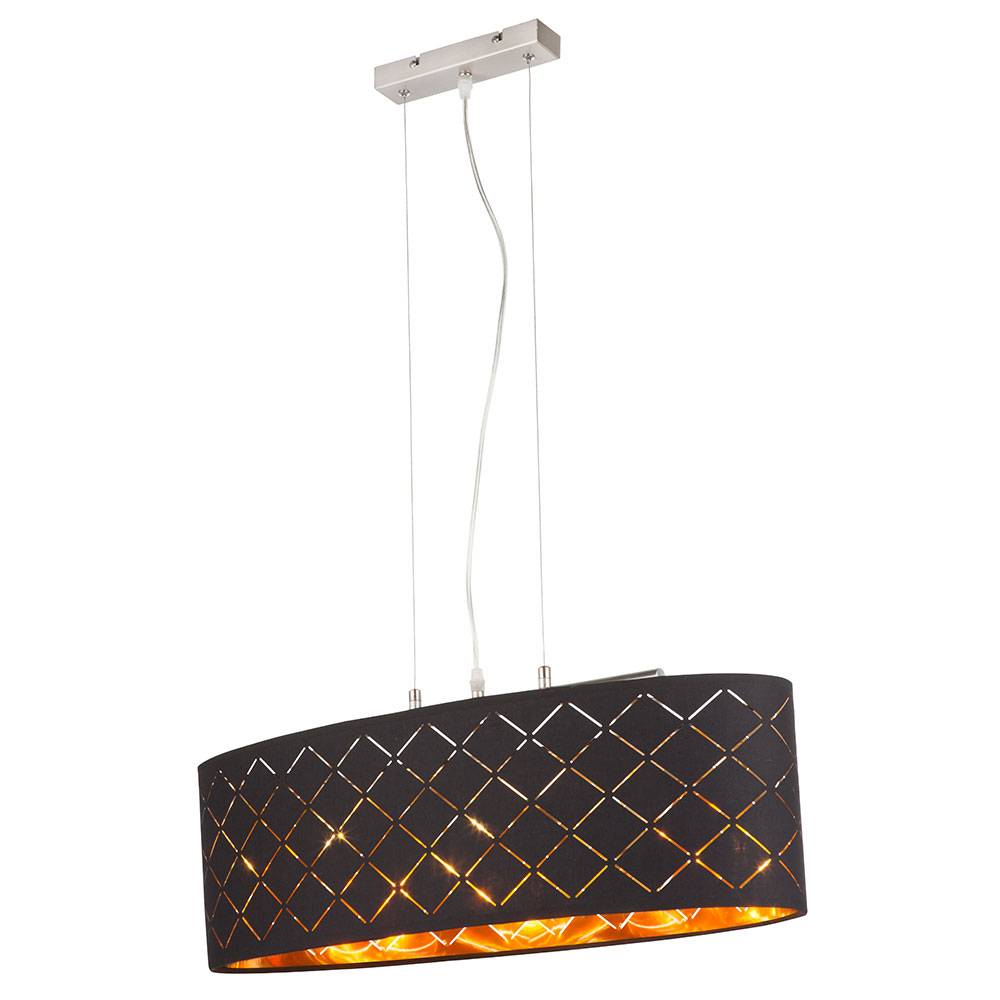 Deckenleuchte Lampe Wohnzimmer hängend schwarz gold Wohnzimmer Hängelampe, 3 Flammig, Metall Textil, 3x LED 7W 806Lm 2700K, LxBxH 65x25x140 cm