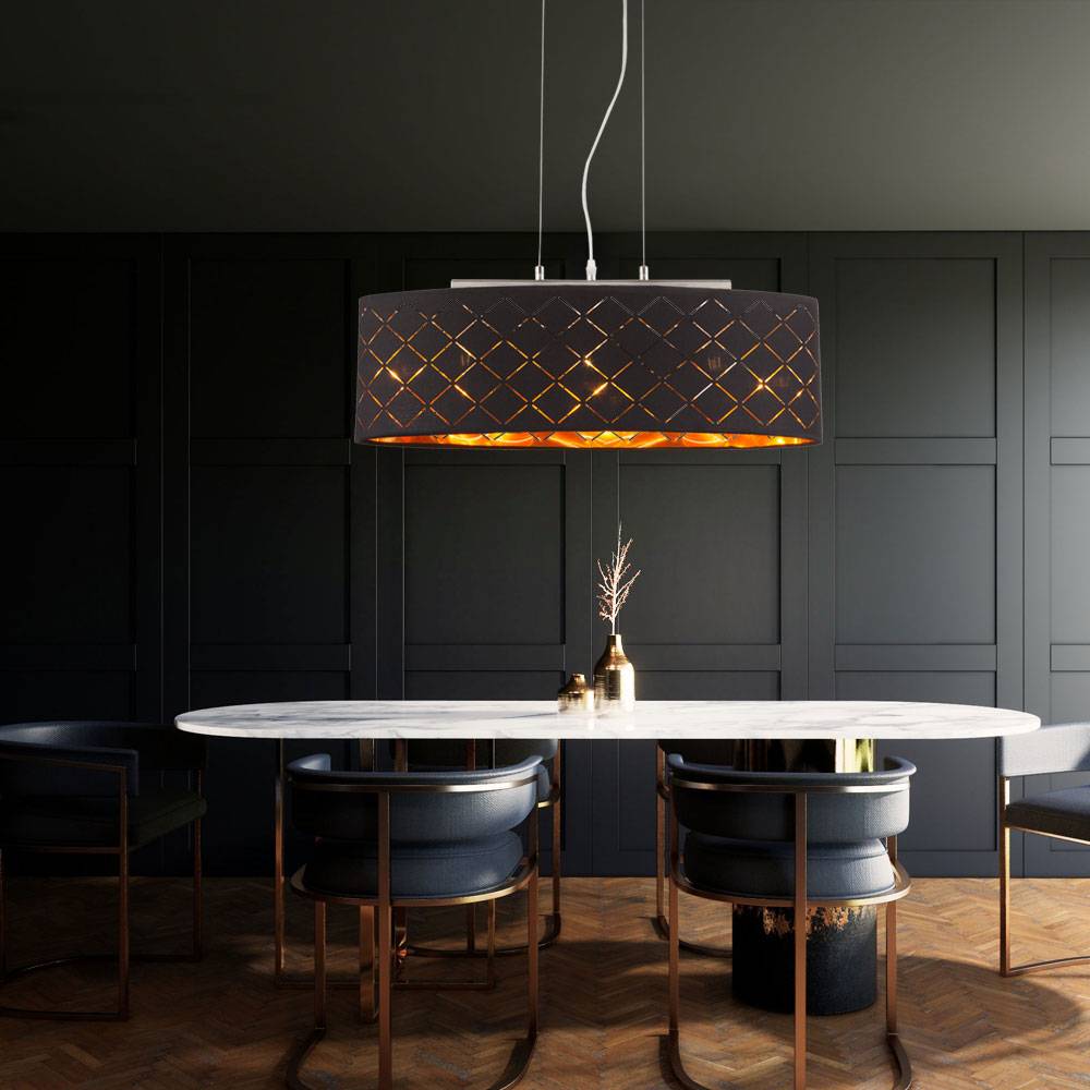 Deckenleuchte Esszimmer hängend schwarz gold Wohnzimmer hängend Hängelampe Esstisch, 3 Flammig Stanzungen, Metall Textil, 3x LED 7W 806Lm 2700K, Lx