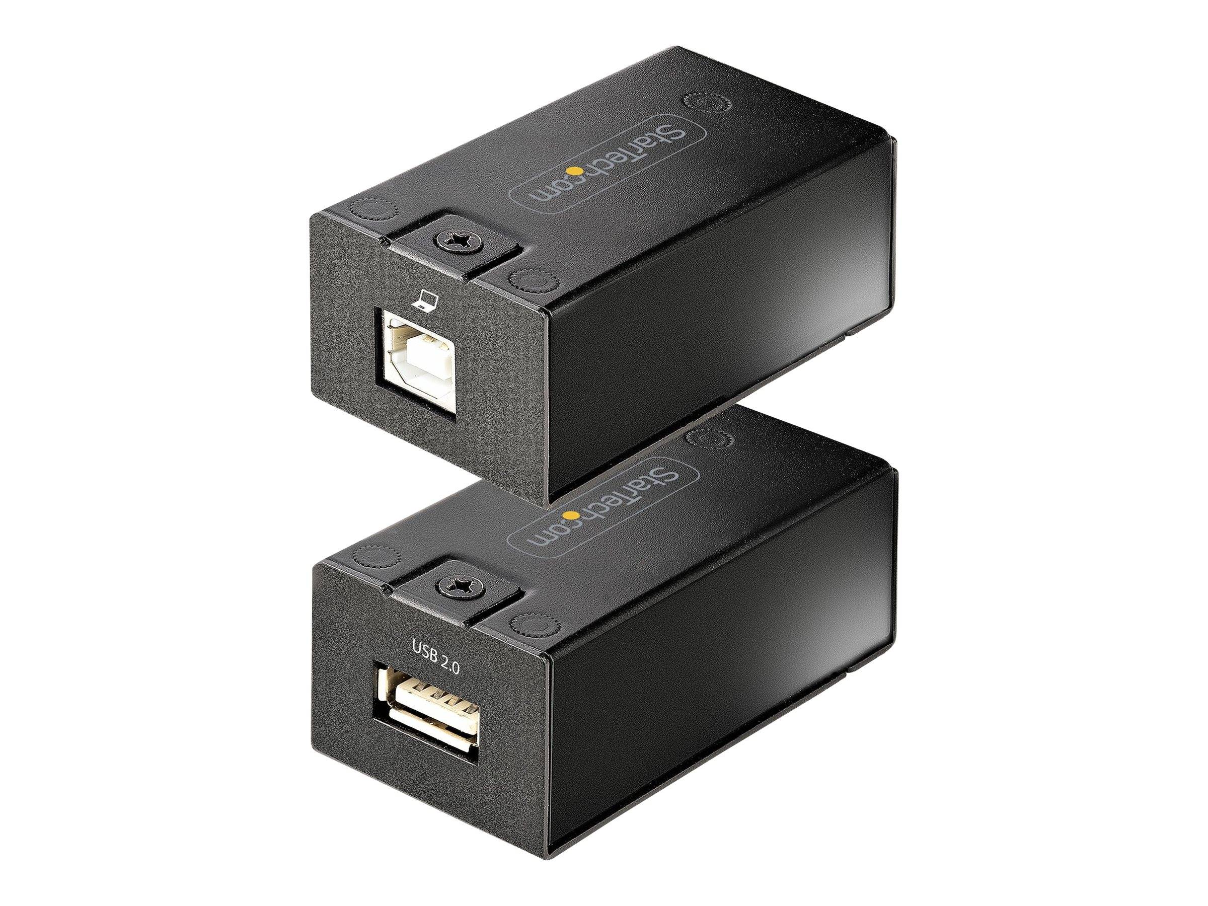 Zwei schwarze USB 2.0 Verlängerungen mit StarTech-Logo, die an einem Ende einen USB-B-Anschluss und am gegenüberliegenden Ende einen USB-A-Anschluss haben, vertikal übereinander gestapelt.