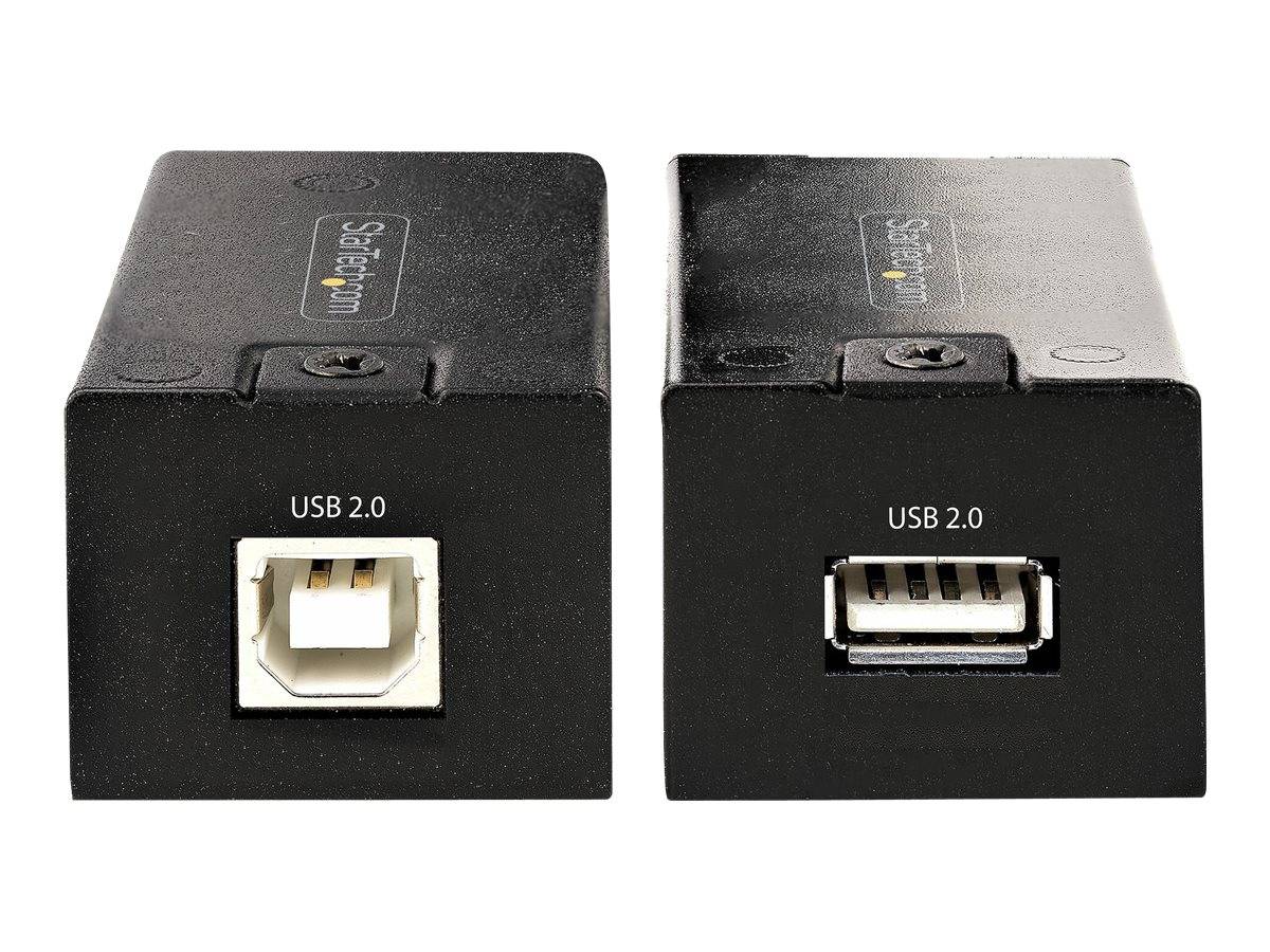 Zwei schwarze USB-2.0-Adapterkästen nebeneinander angeordnet, einer mit einem quadratischen USB-B-Anschluss und einer mit einem Standard-USB-A-Anschluss.