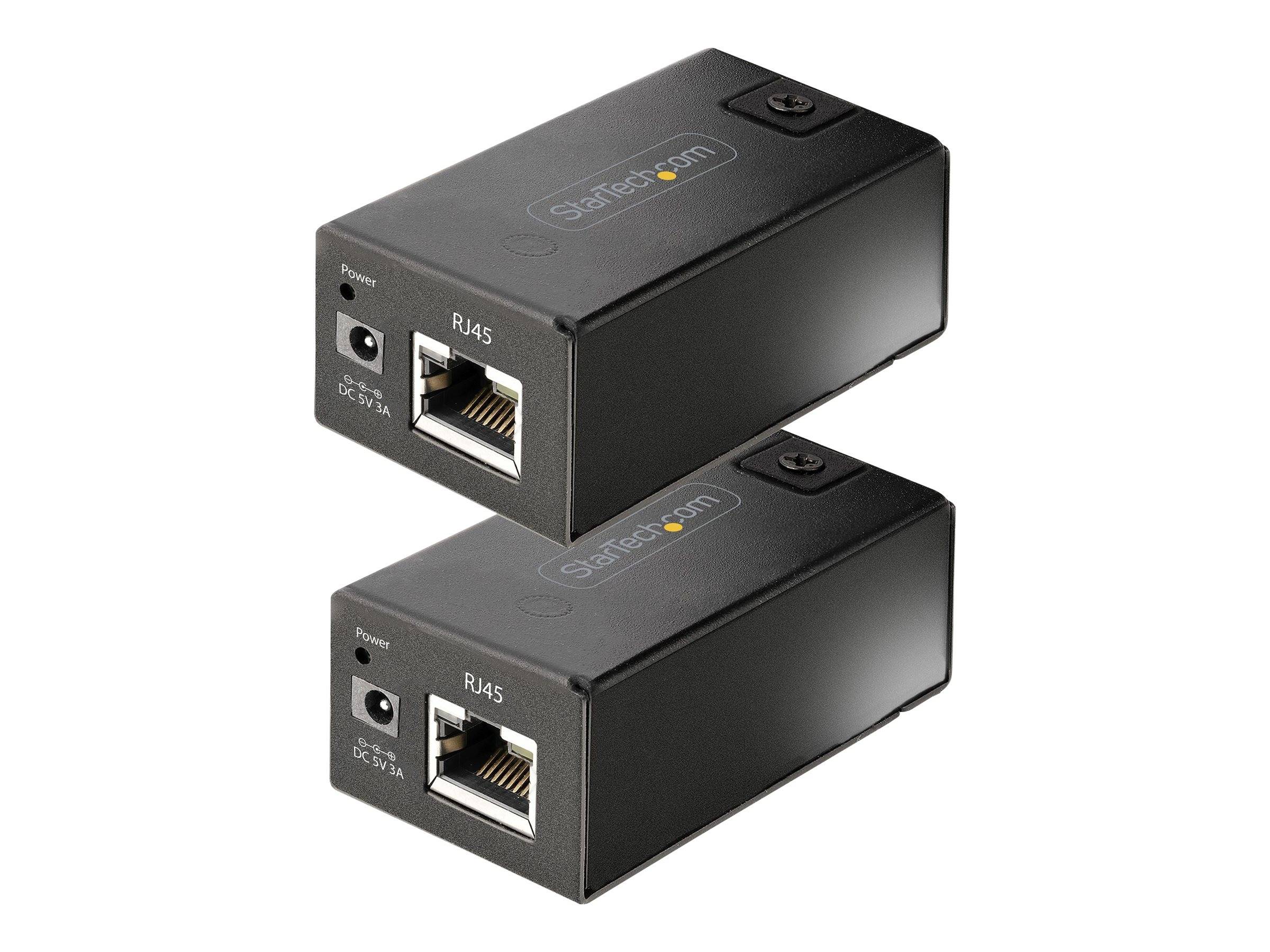 Zwei schwarze Ethernet-Stromeinspeisung/Converter diagonal gestapelt, jeder mit einer DC-Strombuchse und RJ45-Anschluss an der Vorderseite.