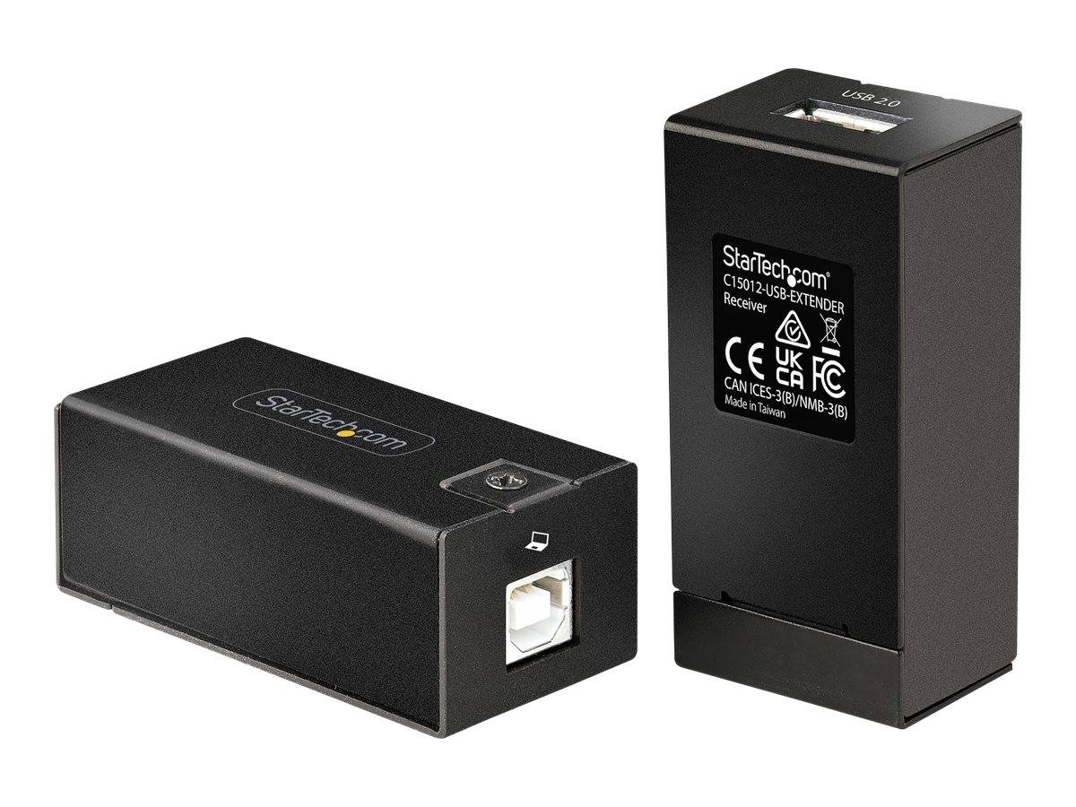 Zwei schwarze StarTech.com USB-Verlängerungsgeräte, ein kompakter Empfänger und ein höherer Sender, auf weißem Hintergrund dargestellt.