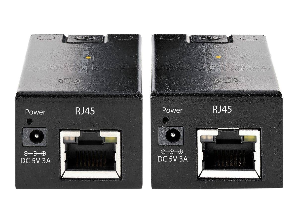 Zwei schwarze RJ45-Ethernet-Geräte nebeneinander, jeweils mit einem DC-5V-3A-Stromeingabeanschluss und einer RJ45-Buchse auf der Vorderseite.