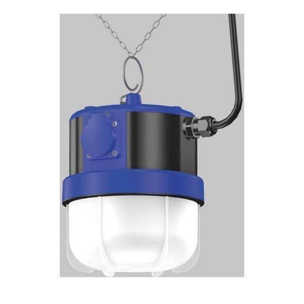 Industrielle Hänge-LED-Lampe mit Schutzkorb, blau-schwarzer Gehäuseverkleidung und Kettenaufhängung. Geeignet für raue Umgebungsbedingungen.