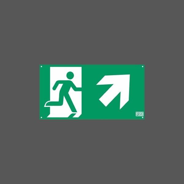 Grünes Notausgangsschild mit laufender Figur und nach rechts zeigendem Pfeil, der die Ausgangsroute anzeigt.