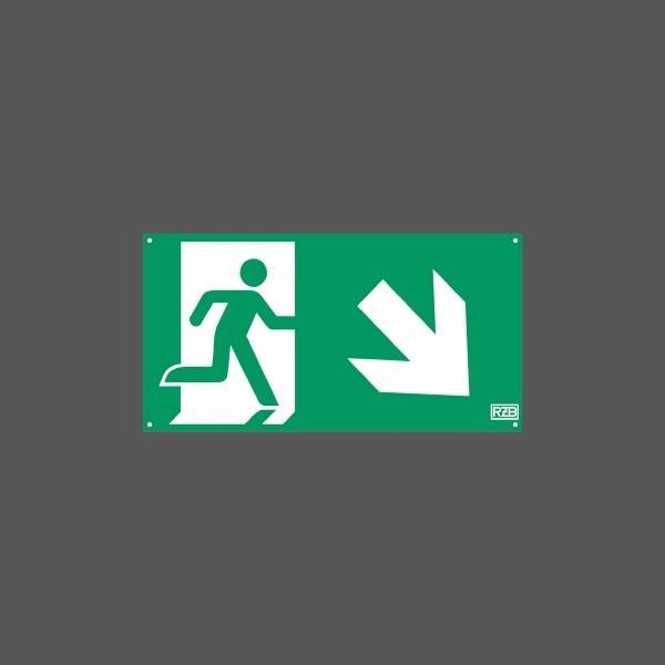 Grünes Notausgangsschild mit Symbol einer laufenden Person und Pfeil, der nach unten-rechts zum Ausgang zeigt