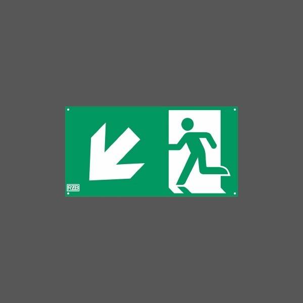 Grünes Notausgangsschild mit einer laufenden Person und Pfeil, der nach links zum Ausgang zeigt.