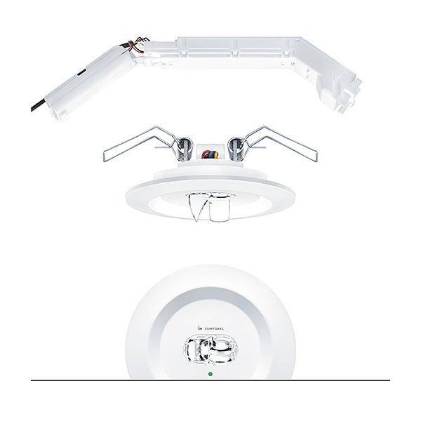 Explosionszeichnung einer eingelassenen LED-Downlight, die den Treiber, Federclips und die runde Trimmbaugruppe aus Seiten- und Frontansicht zeigt.