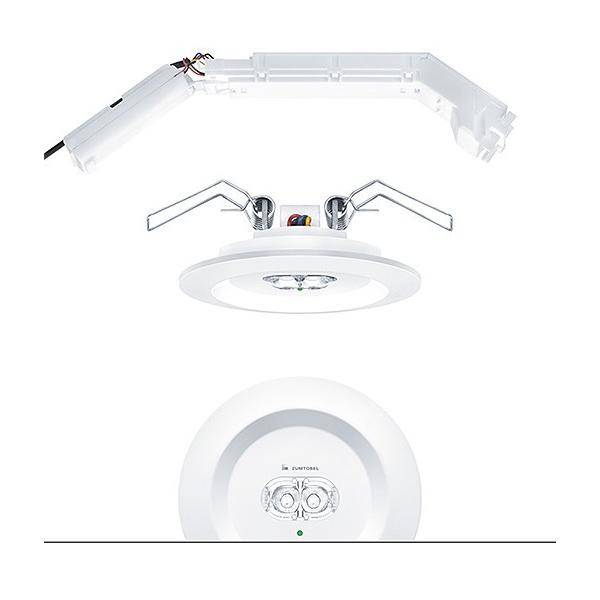 Explodierte Ansicht einer Einbau-LED-Downlight, die den Treiber, Federclips und die Blendenkonstruktion von oben und von vorne zeigt.