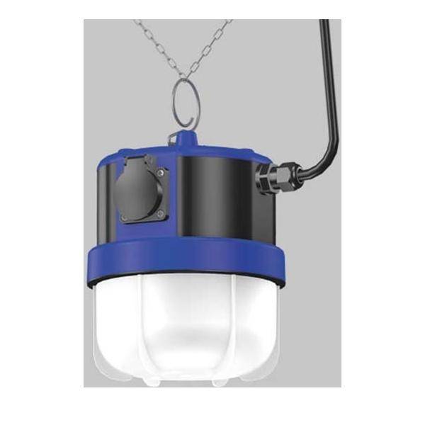 Eine hängende LED-Arbeitsleuchte mit Schutzabdeckung, Kette und Netzkabel, die für die Beleuchtung von Arbeitsplätzen oder Baustellen vorgesehen ist.
