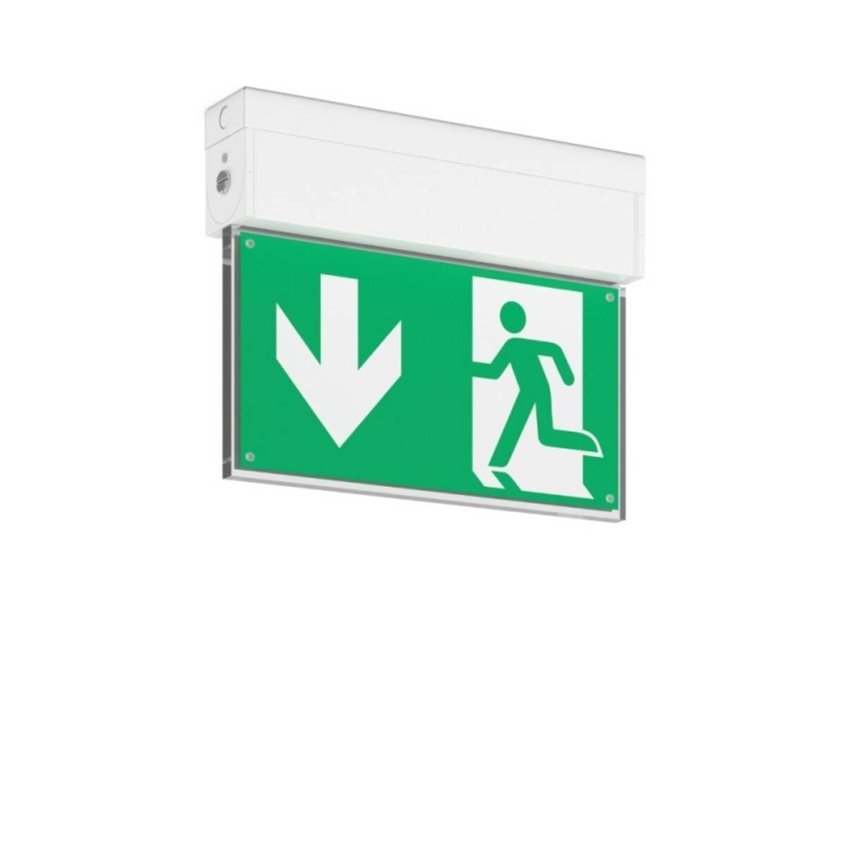 Ein grünes Notausgangsschild mit einer weißen laufenden Figur und einem nach unten zeigenden Pfeil, der die Richtung zum nächstgelegenen Ausgang anzeigt.